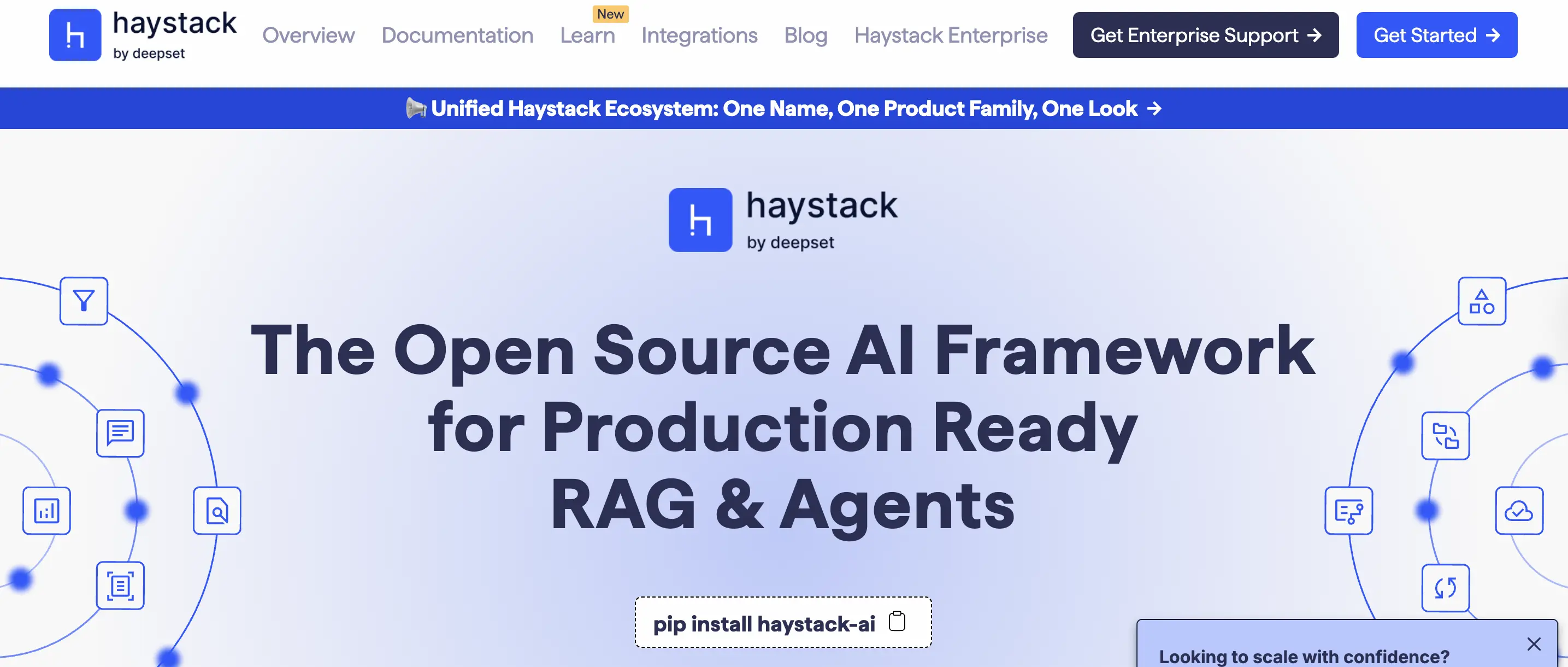 Haystack logo banner showing the modular LLM framework with its distinctive blue and white design for building AI applications