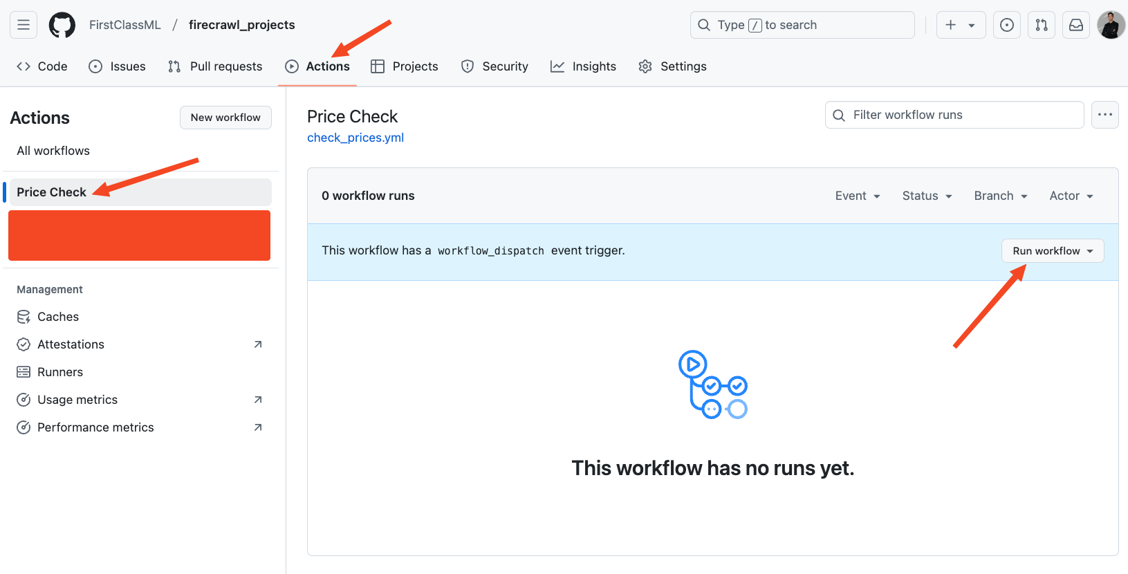 Screenshot of GitHub Actions interface showing workflow runs and manual trigger button for automated price tracking application