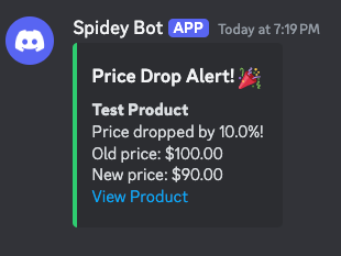 Screenshot of a Discord notification showing a price drop alert with product details, original price, new discounted price and percentage savings