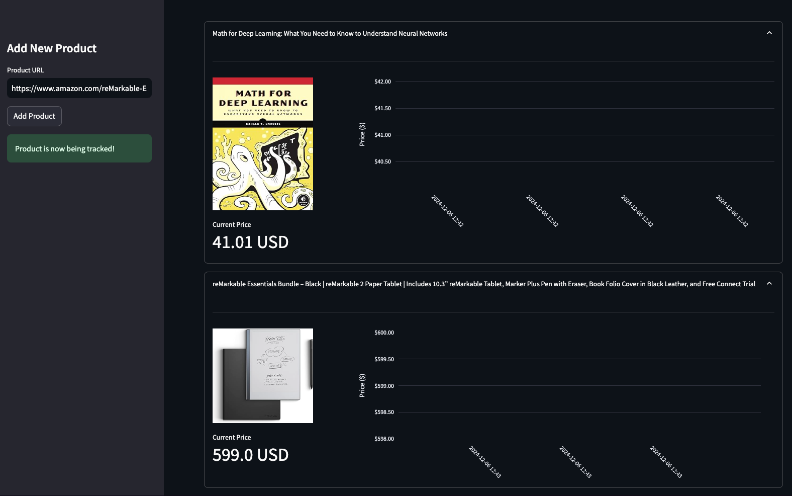 Screenshot of a price tracking dashboard showing multiple product listings with price history charts, product images, and current prices for Amazon items