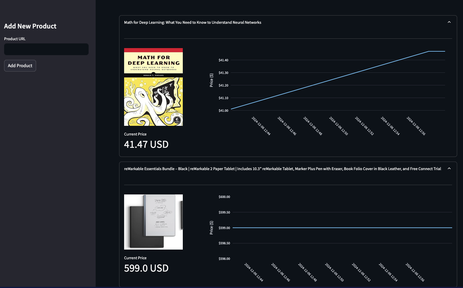 Screenshot of a price tracking dashboard showing a line chart visualization of product price history over time, with price on the y-axis and dates on the x-axis