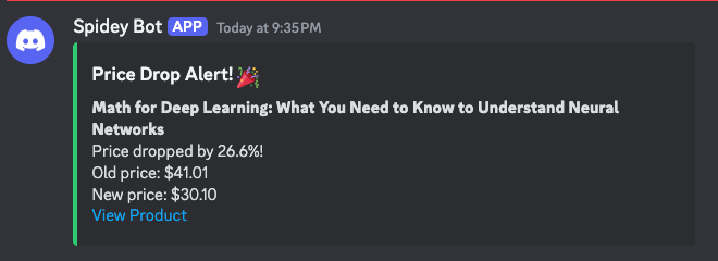 Screenshot of a Discord notification showing a price drop alert for an Amazon product, displaying the original and discounted prices with percentage savings