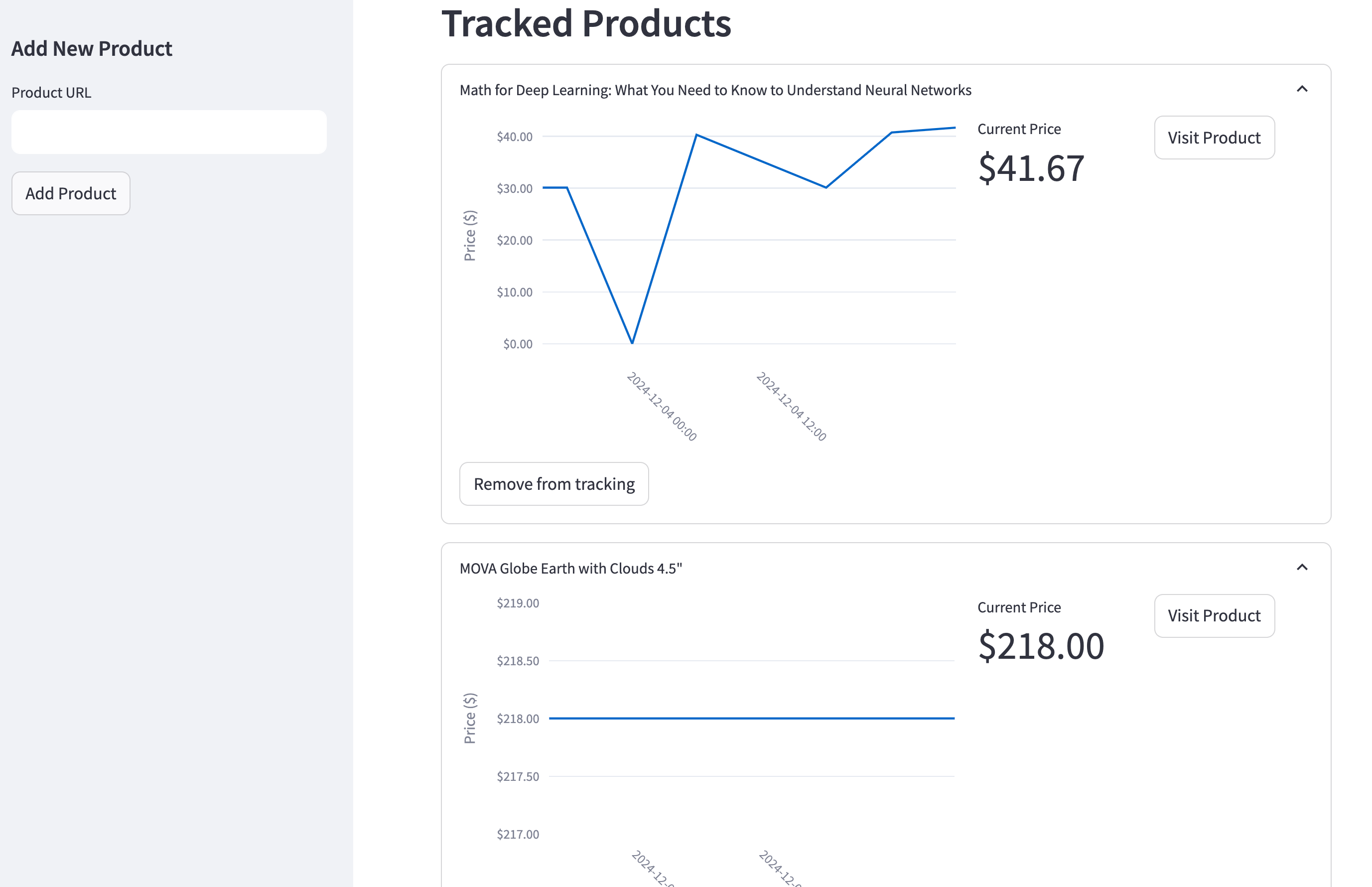 Screenshot of a minimalist price tracking application showing product listings, price history charts, and notification controls for monitoring e-commerce deals using Firecrawl