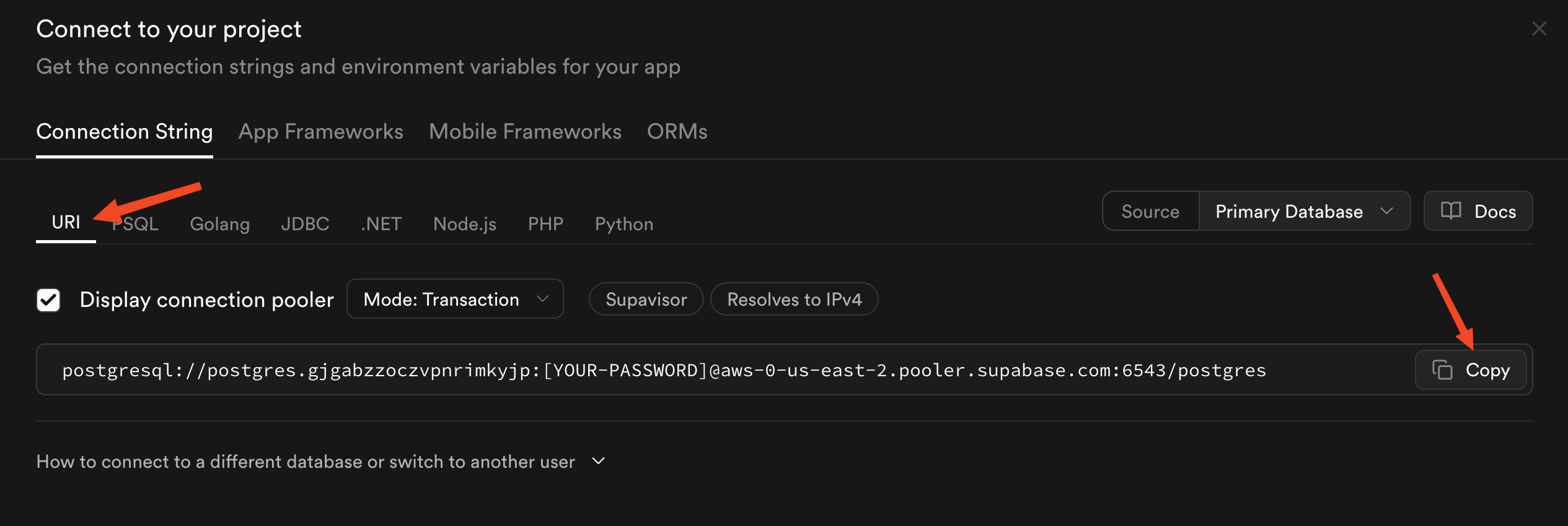 Screenshot of Supabase dashboard showing database connection settings and credentials for connecting to a PostgreSQL database instance