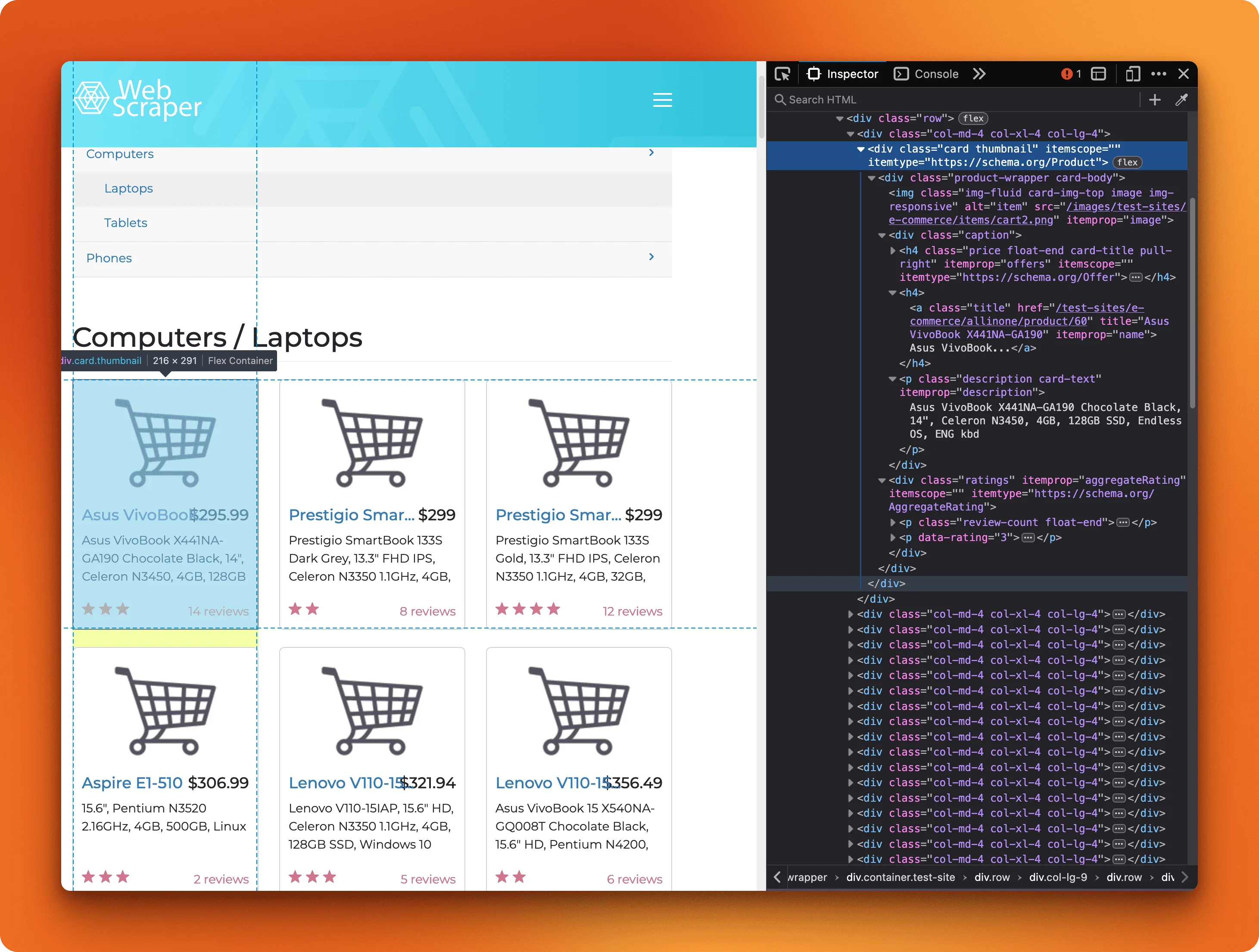 Chrome DevTools Inspector showing HTML structure of a product card with div.thumbnail class and nested price and title elements