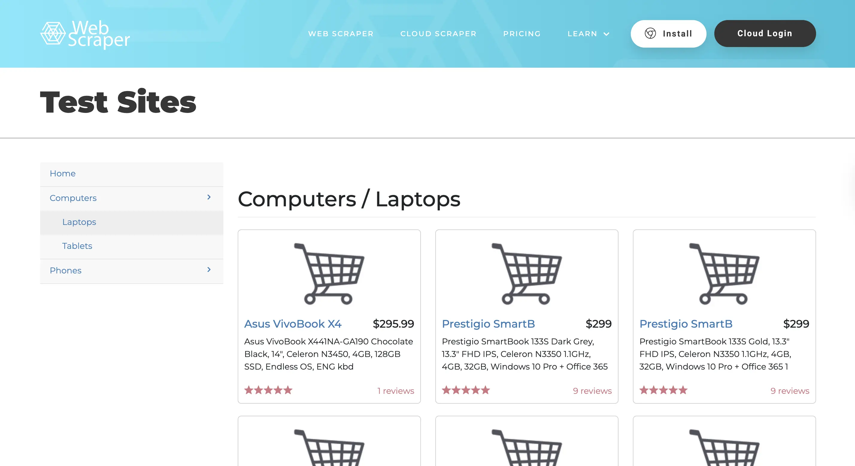 The webscraper.io site has an AJAX version of the products page which shows all products in the browser
