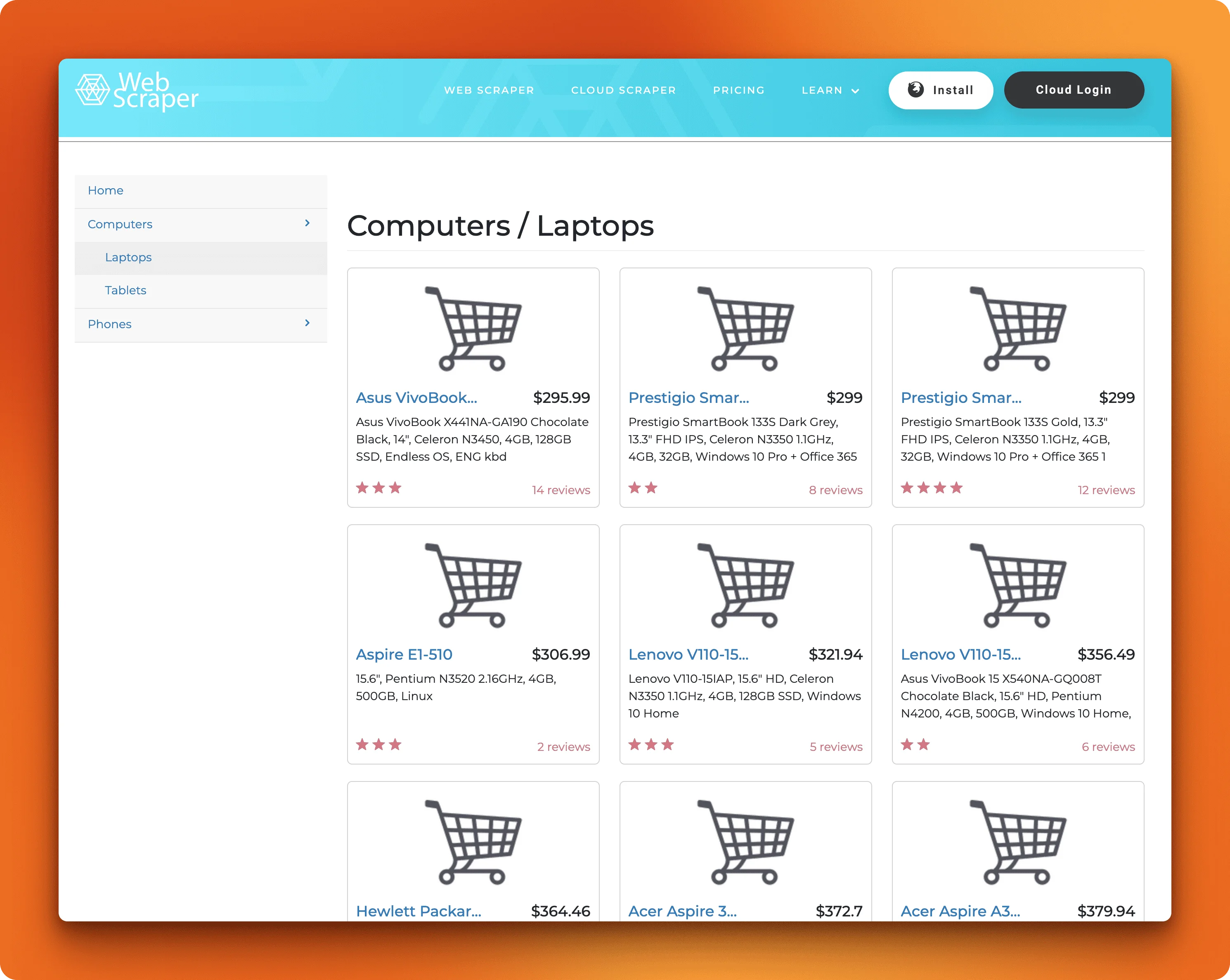 Webscraper.io test site showing a grid of laptop products with prices and specifications for Python web scraping practice