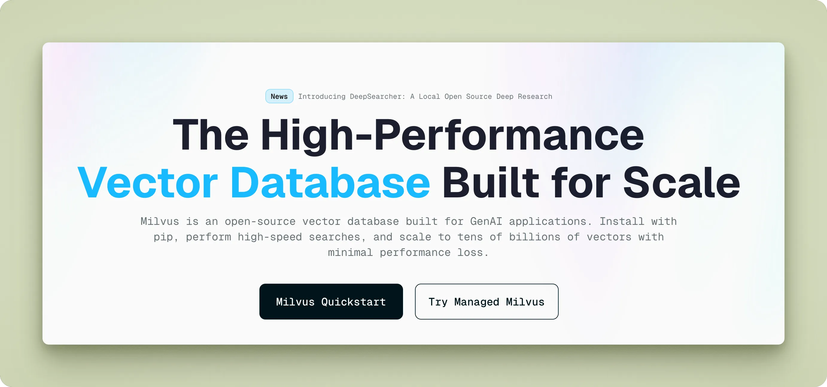 Milvus vector database interface showing multimodal search capabilities and distributed architecture for enterprise RAG applications