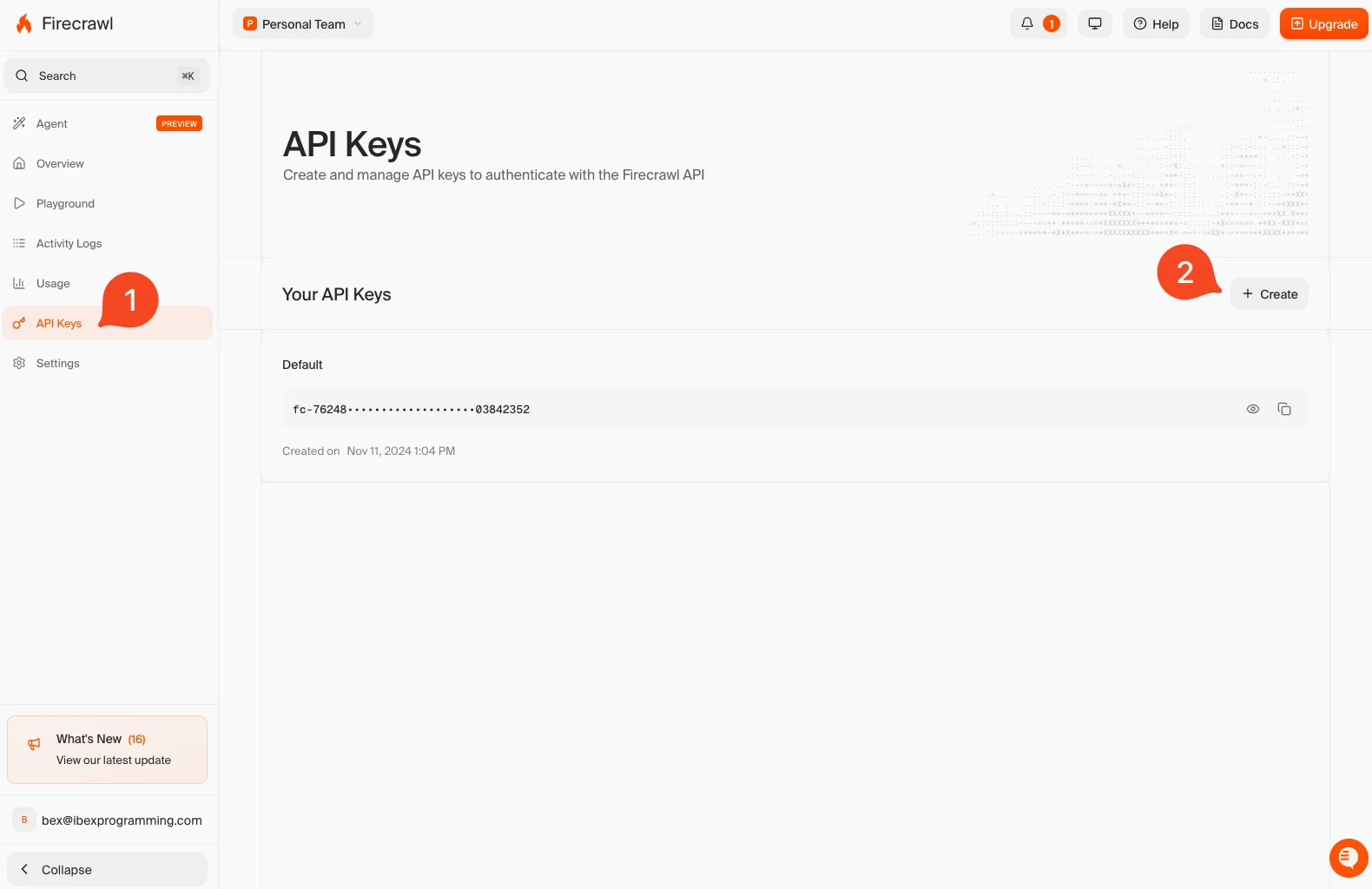 Firecrawl developer dashboard with API key for voice assistant web search integration