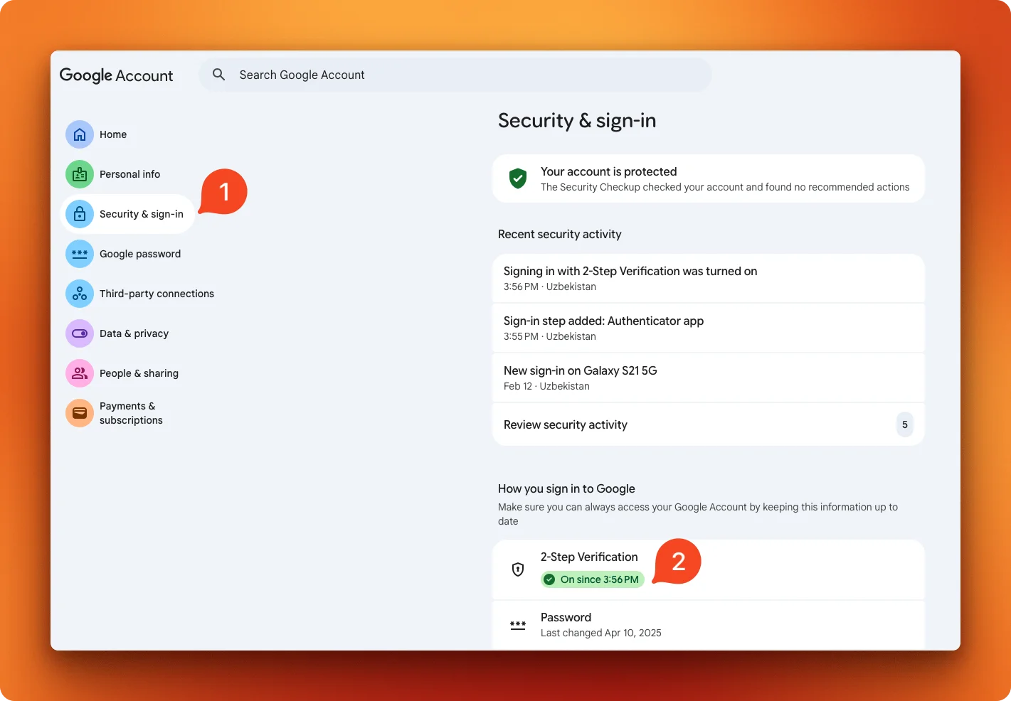 Google Account security settings with 2-Step Verification enabled for Gmail App Password setup