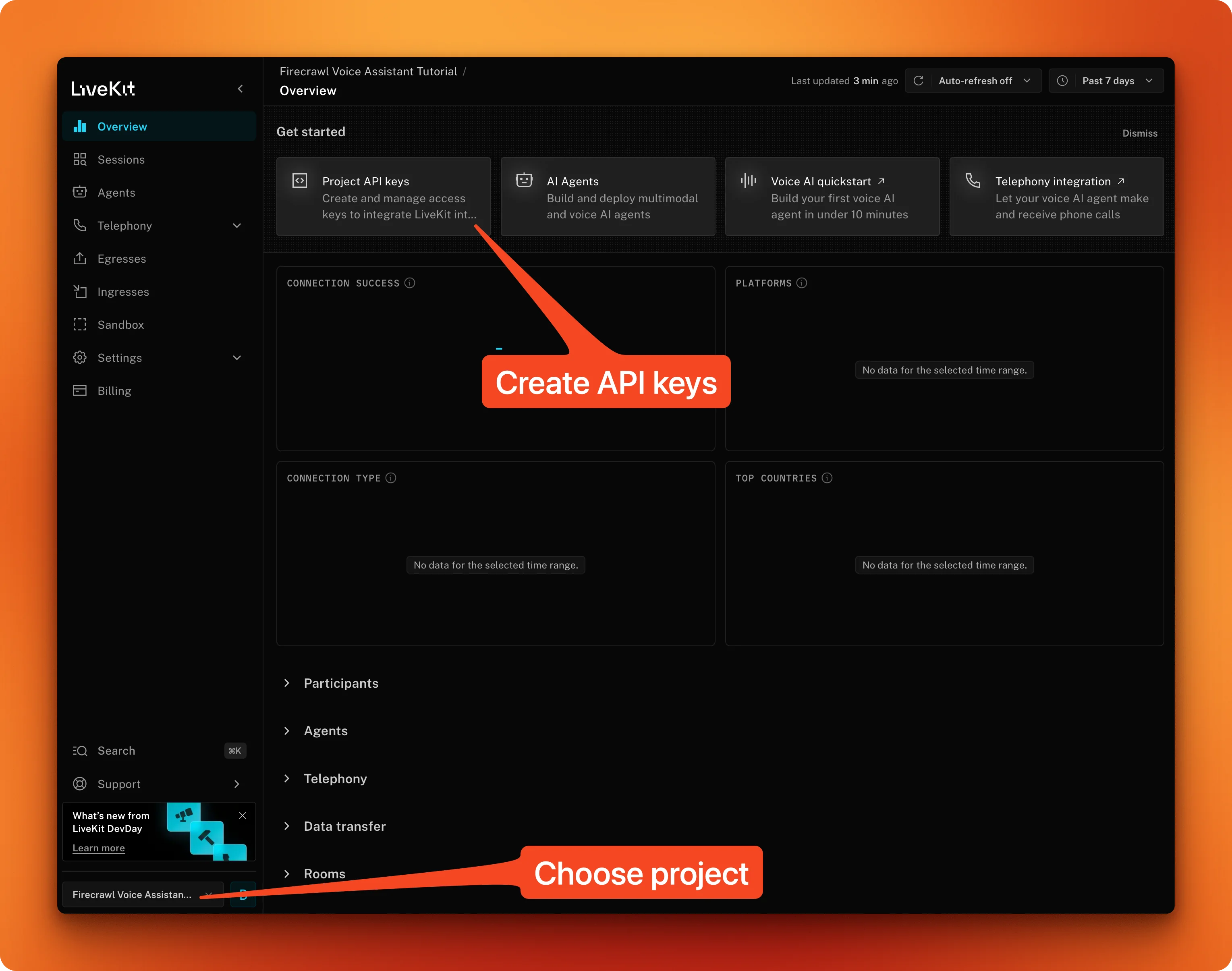LiveKit Cloud project dashboard with API key and secret for WebRTC voice agent deployment
