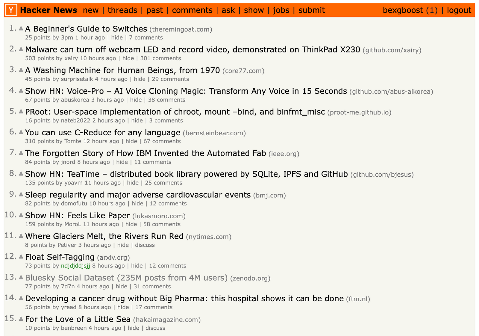 Hacker News Homepage showing posts to be scraped using automated scheduling with Firecrawl