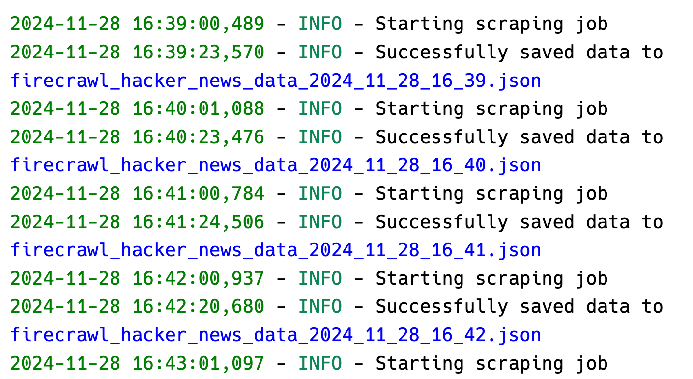 "Logs directory showing successful automated web scraping schedule execution with cron jobs and Firecrawl"