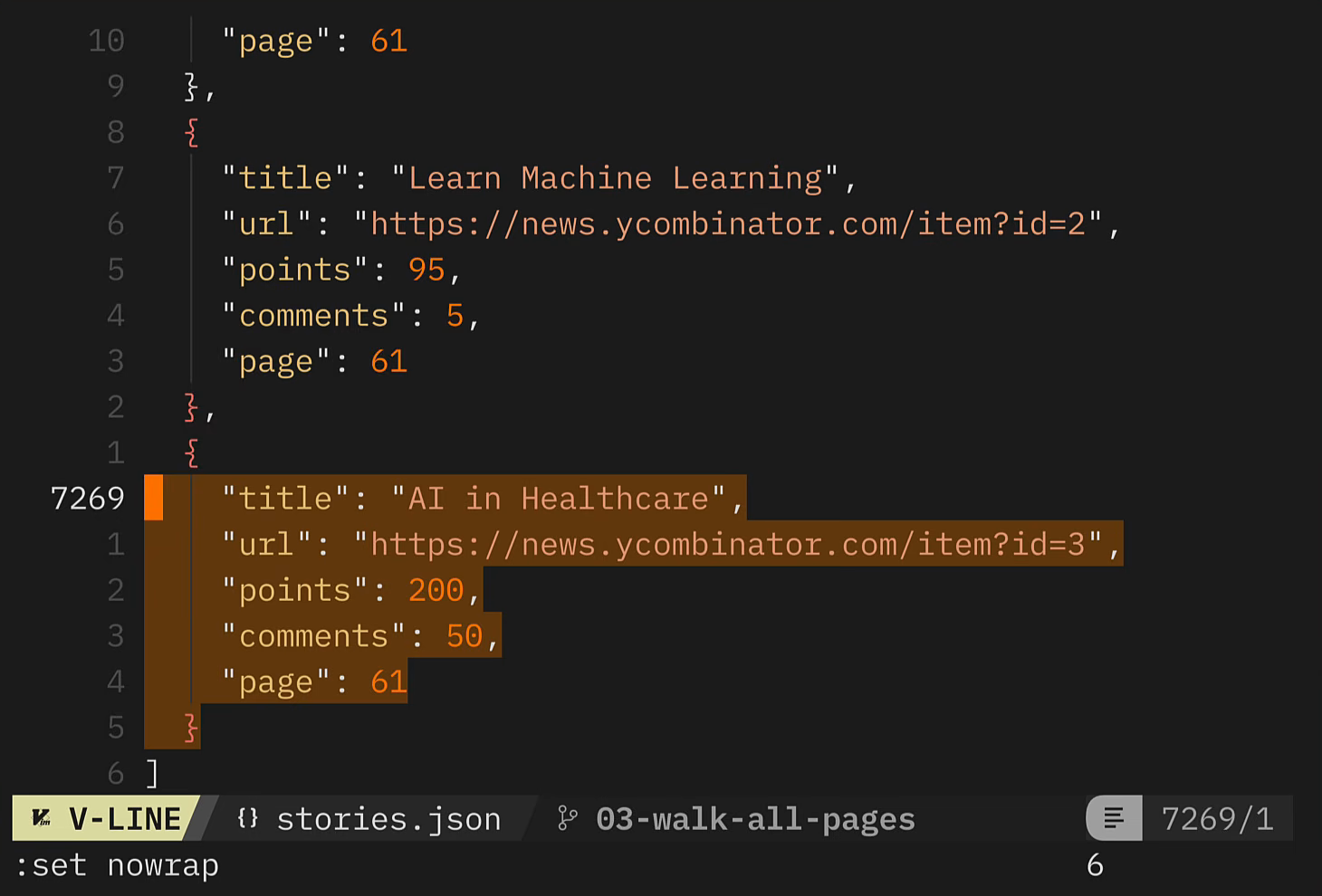 The final entry in stories.json, page 61, the last page before the loop hit an empty result and stopped