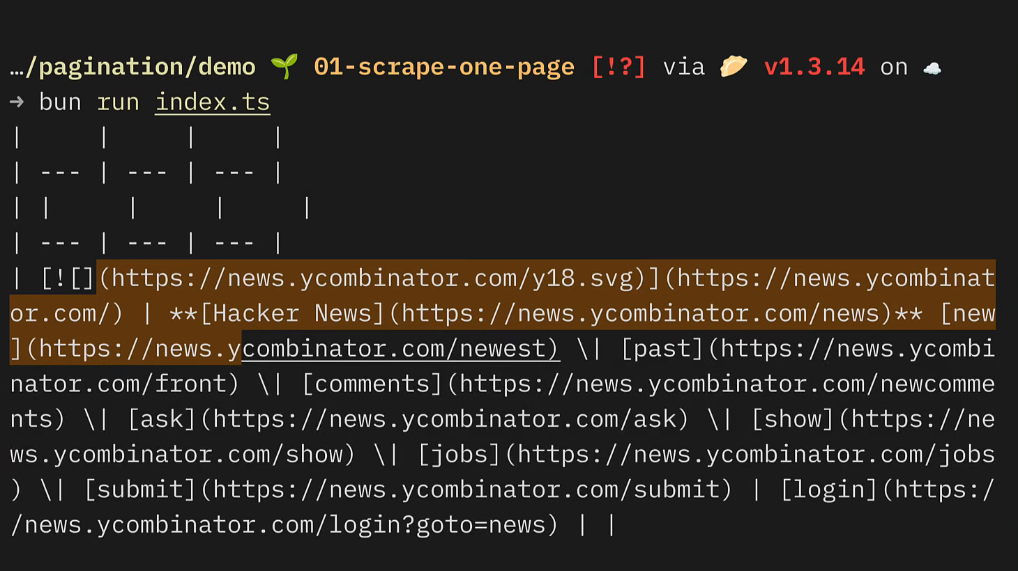 Running the Firecrawl scrape against Hacker News in markdown format, showing raw unstructured output
