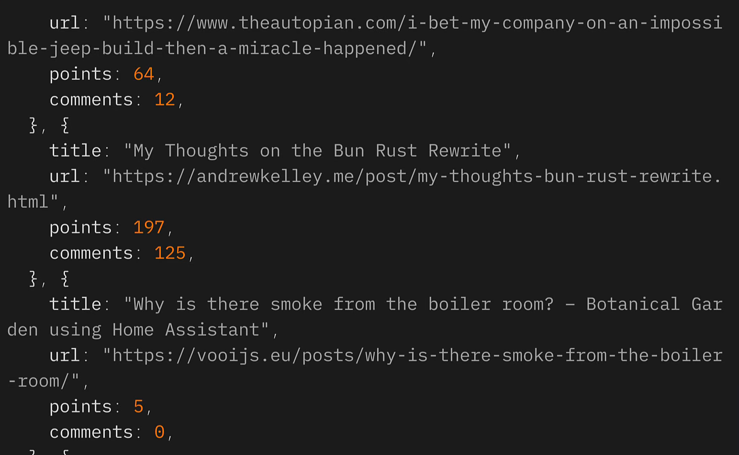 Structured JSON output from Firecrawl showing story objects with title, url, points, and comments fields
