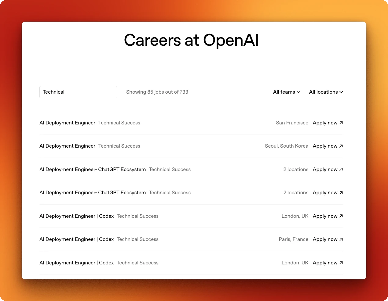 A browser screenshot of the OpenAI careers search page showing a scrollable list of open roles with titles and locations, illustrating a JavaScript-rendered job index.