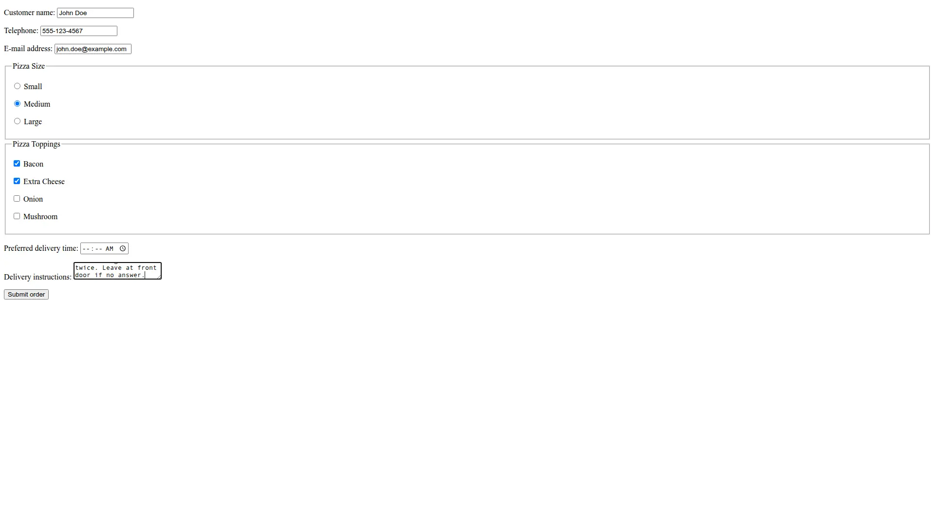 Pizza Order Form - After Comprehensive Interaction