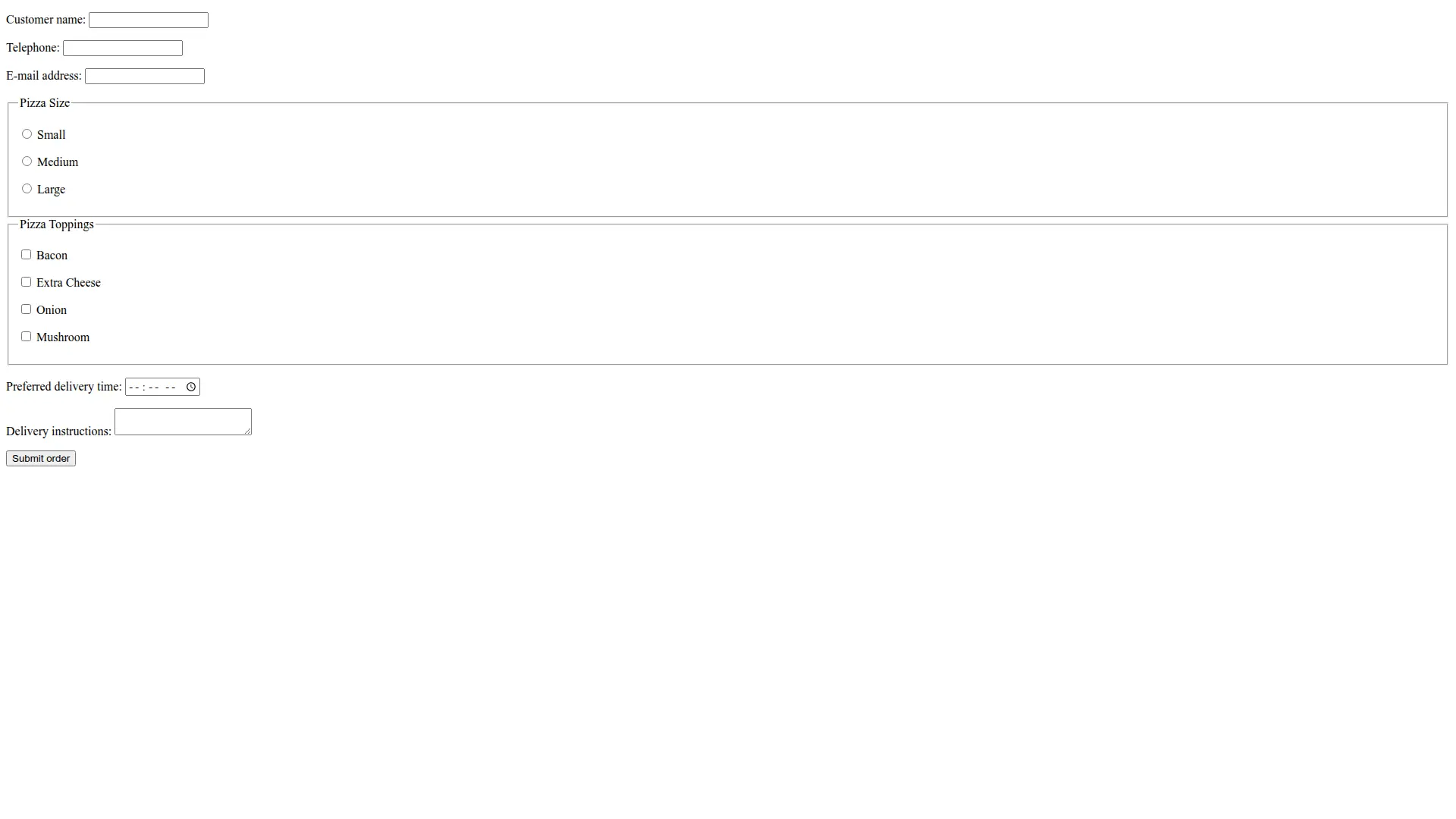 Pizza Order Form - Before Interaction