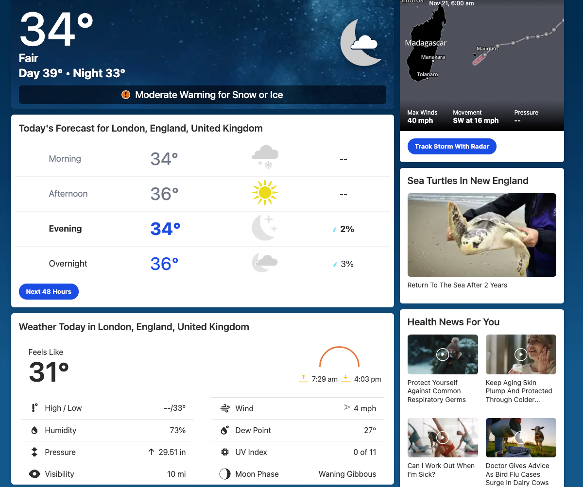 Weather.com interface showing detailed weather forecast for London including temperature, humidity, wind speed and other meteorological data in an interactive dashboard layout