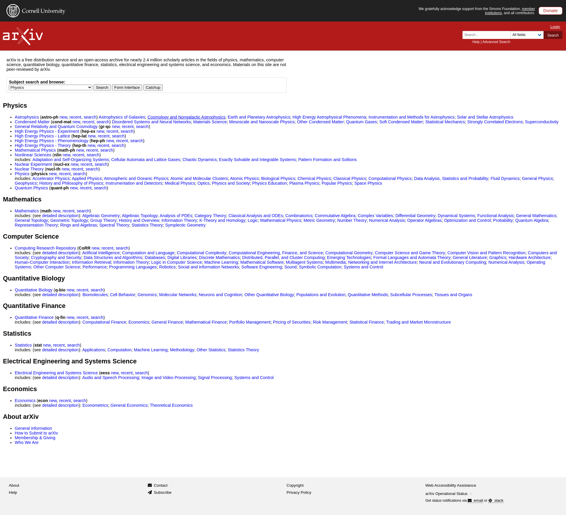 Full page screenshot of arXiv.org homepage taken with Firecrawl's full-page screenshot capture feature showing research paper categories, search functionality, and recent submissions in an academic layout