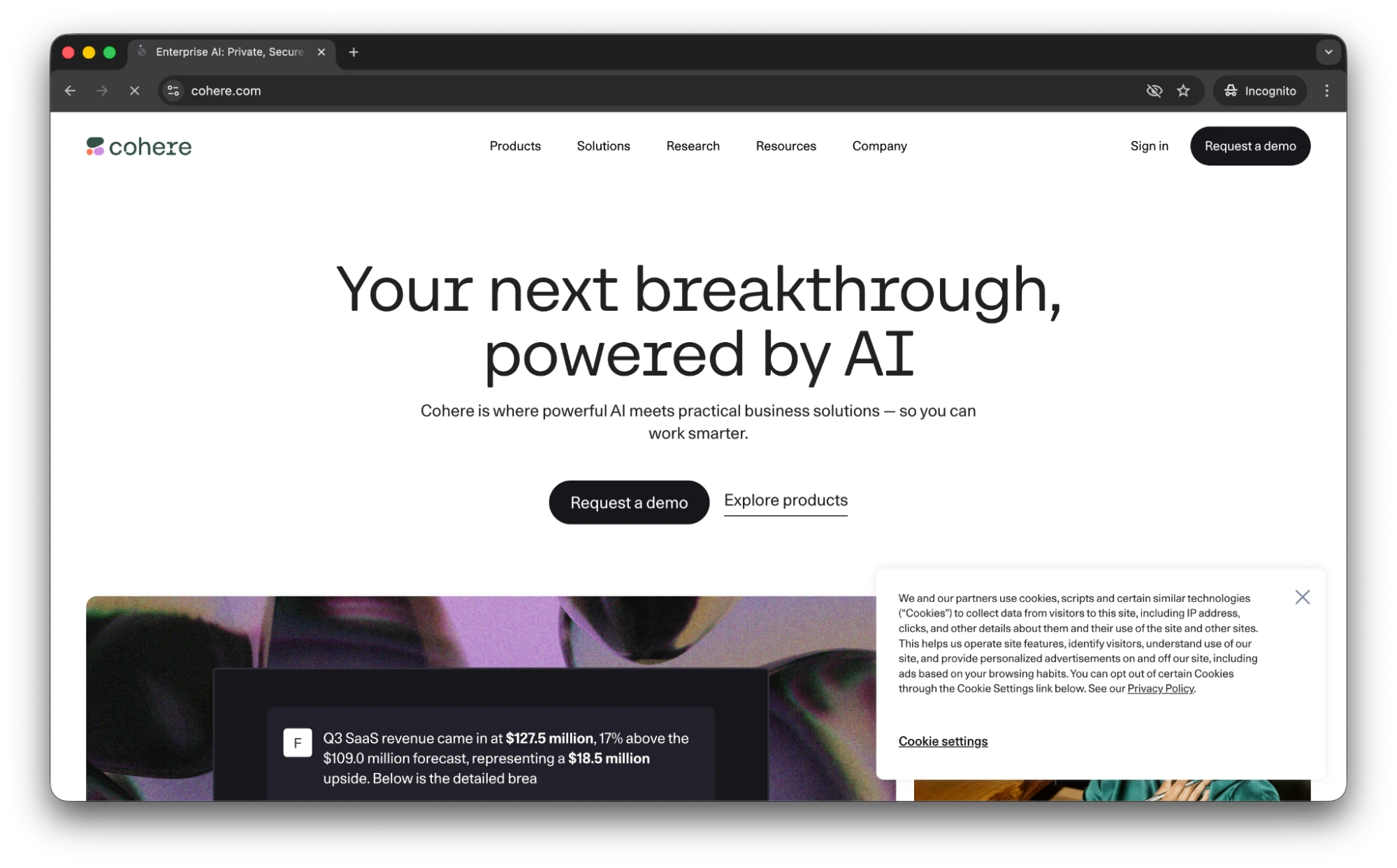Cohere homepage demonstrating their enterprise search and reranking tools