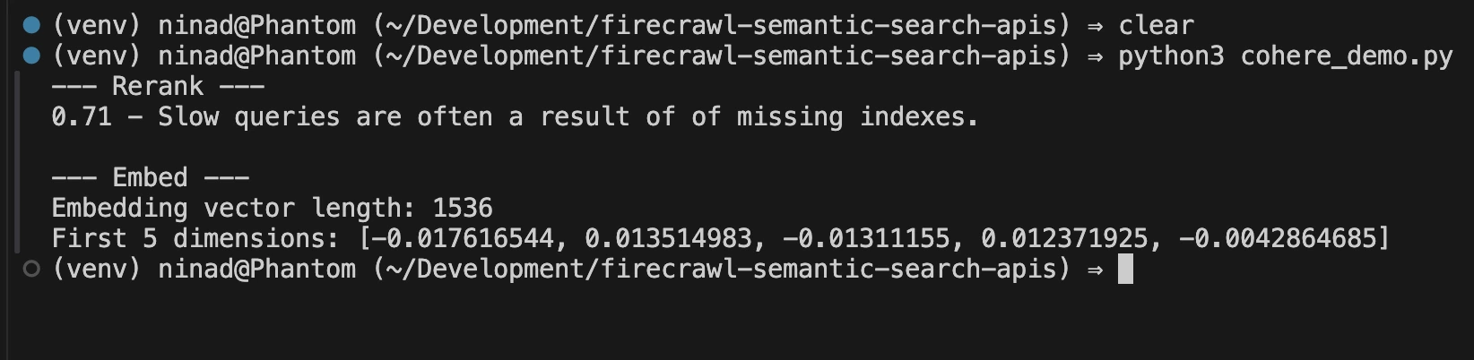 Terminal output showing search results re-ordered by relevance using Cohere Rerank