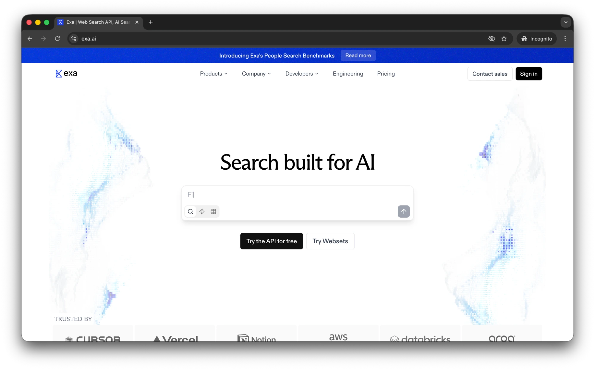 Exa AI homepage highlighting their neural search capabilities