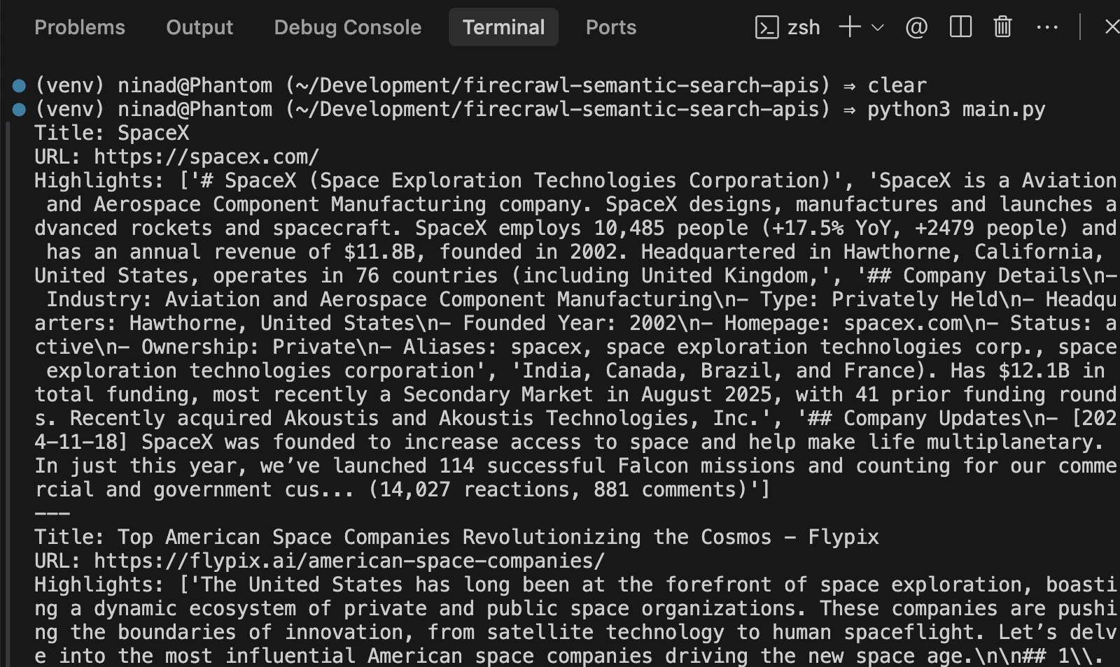 Terminal output displaying the results of a neural search query using Exa