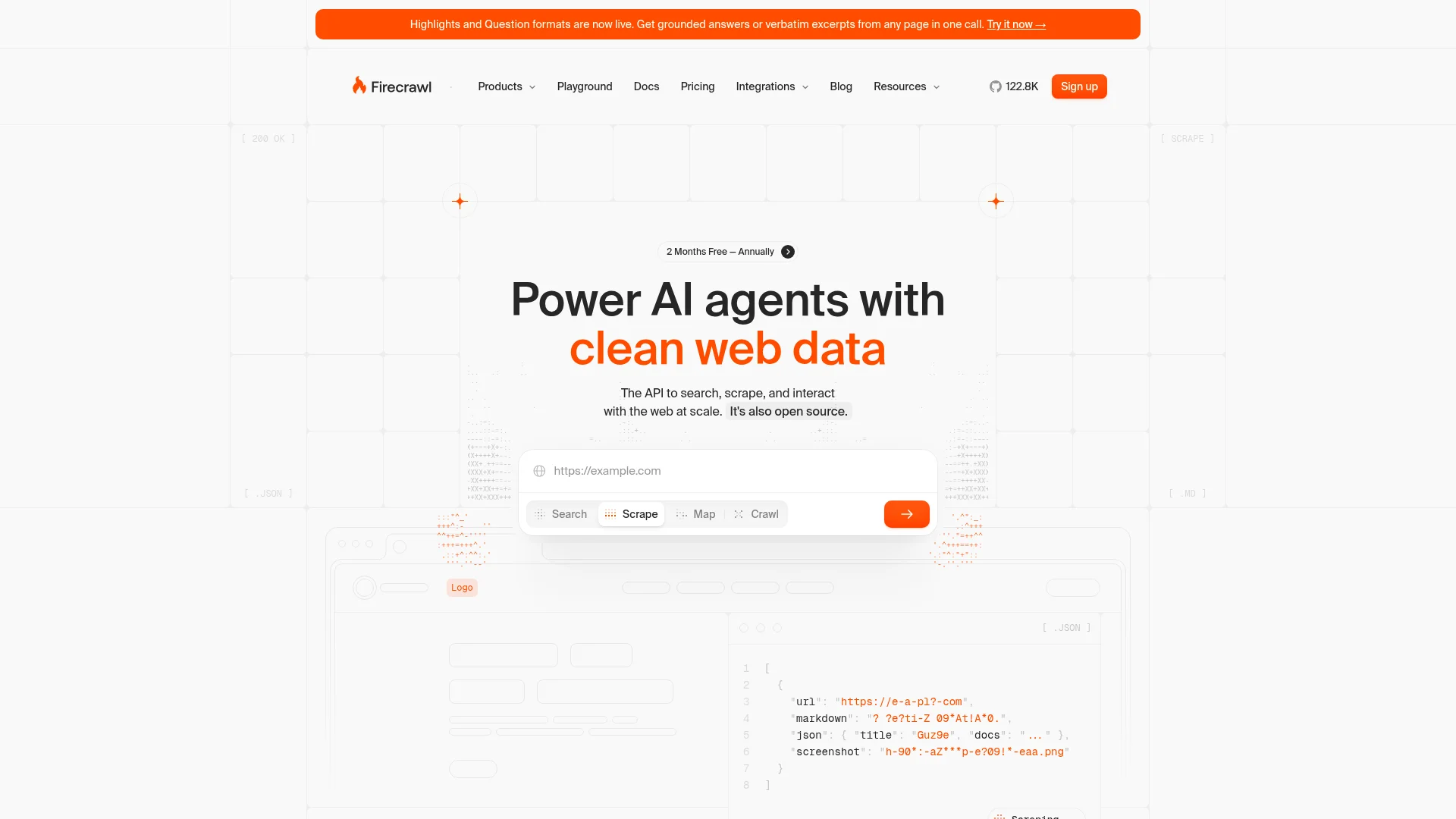 Firecrawl homepage displaying the main search and extraction features
