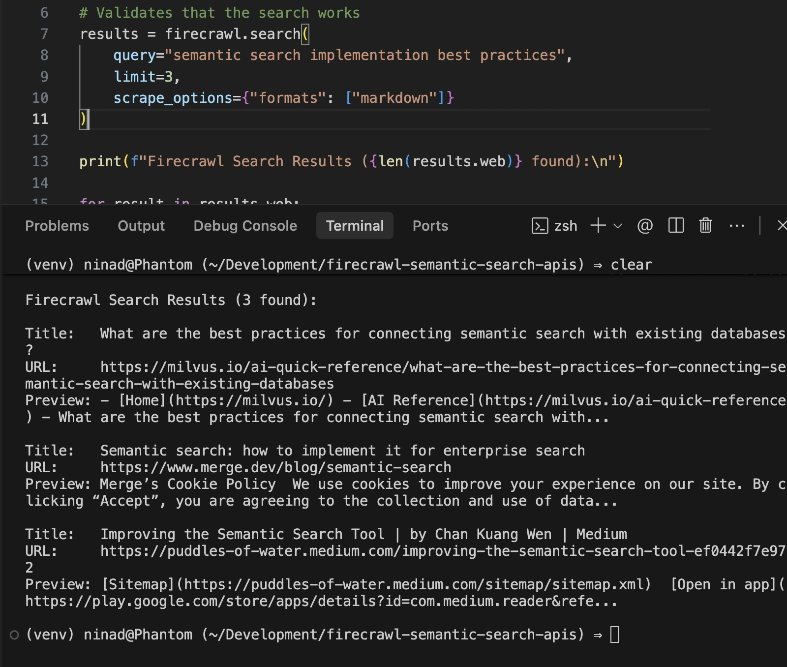 Terminal output showing structured search results from the Firecrawl API