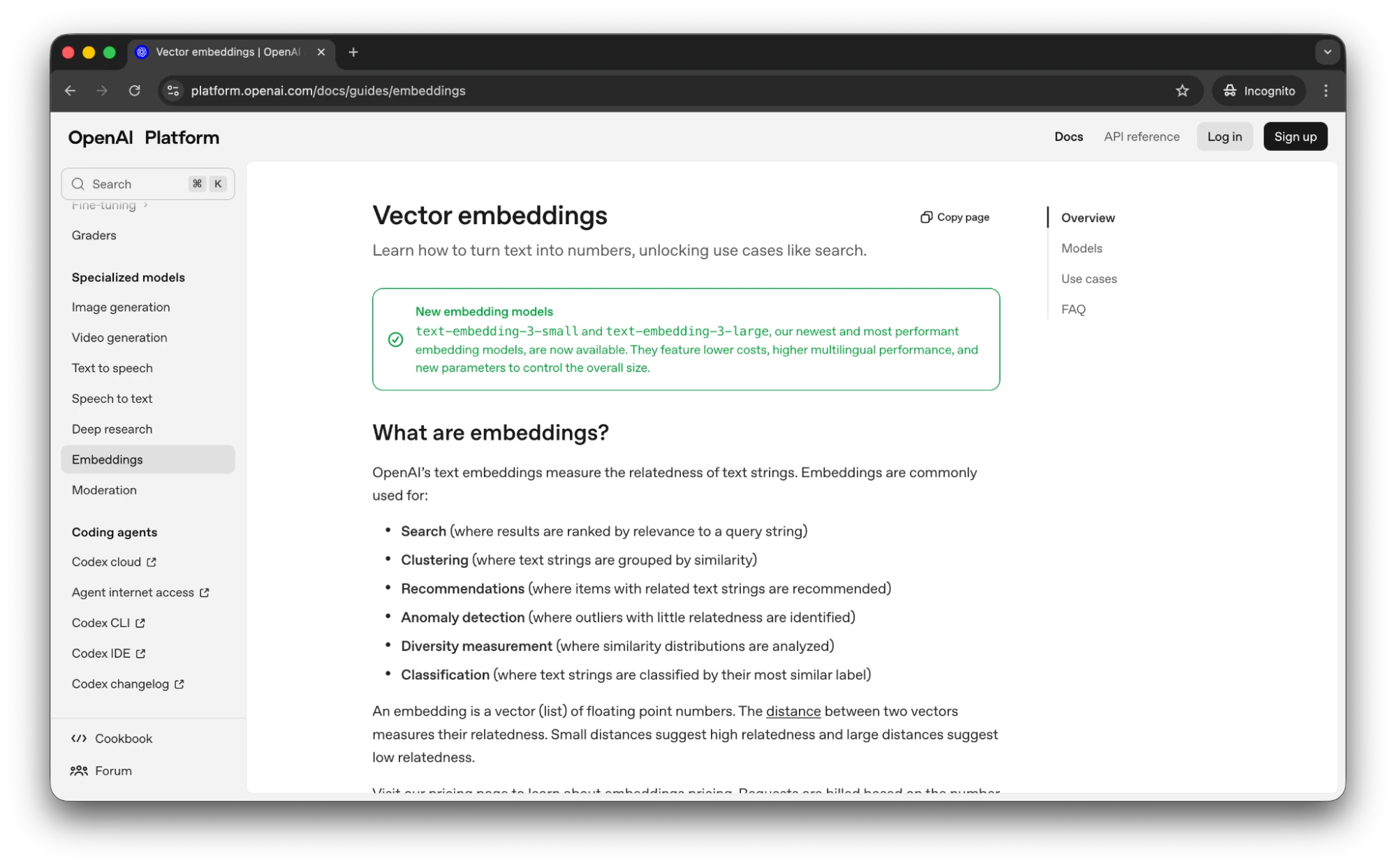 OpenAI platform documentation page for the Embeddings API