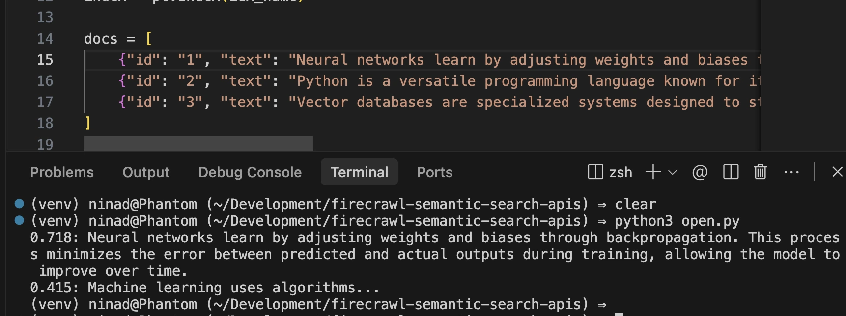 Terminal output showing the generated vectors and search score from OpenAI Embeddings