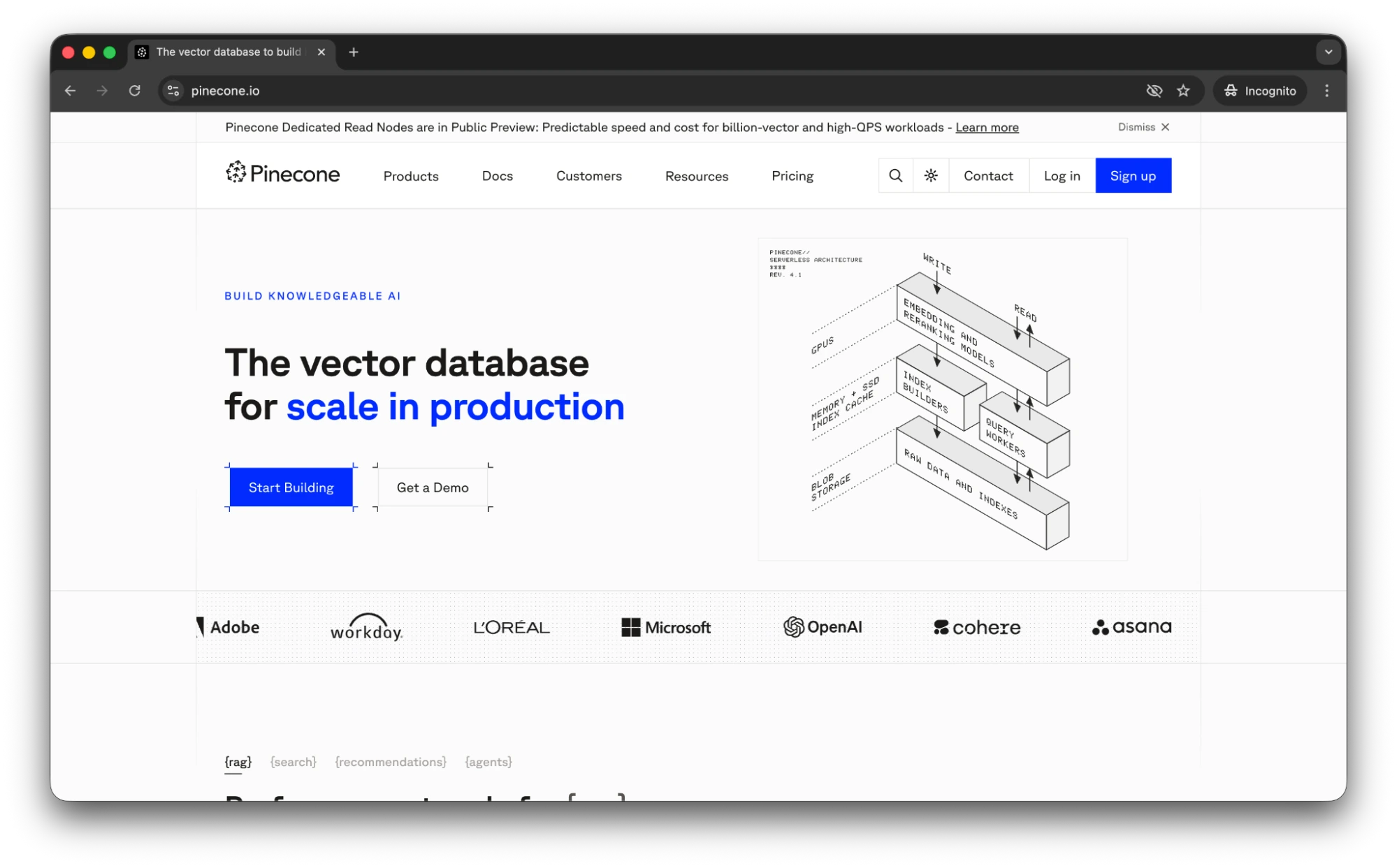 Pinecone homepage showing vector database solutions for AI