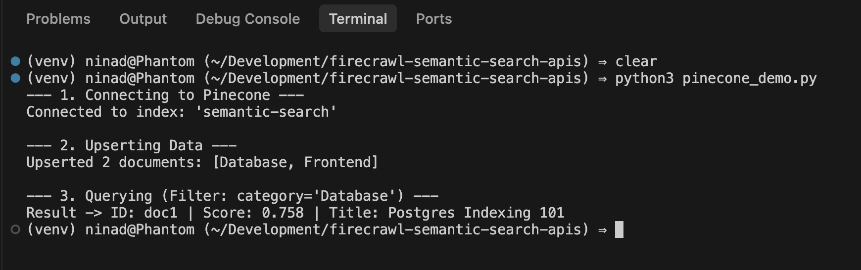 Terminal output showing vector search matches and scores from Pinecone