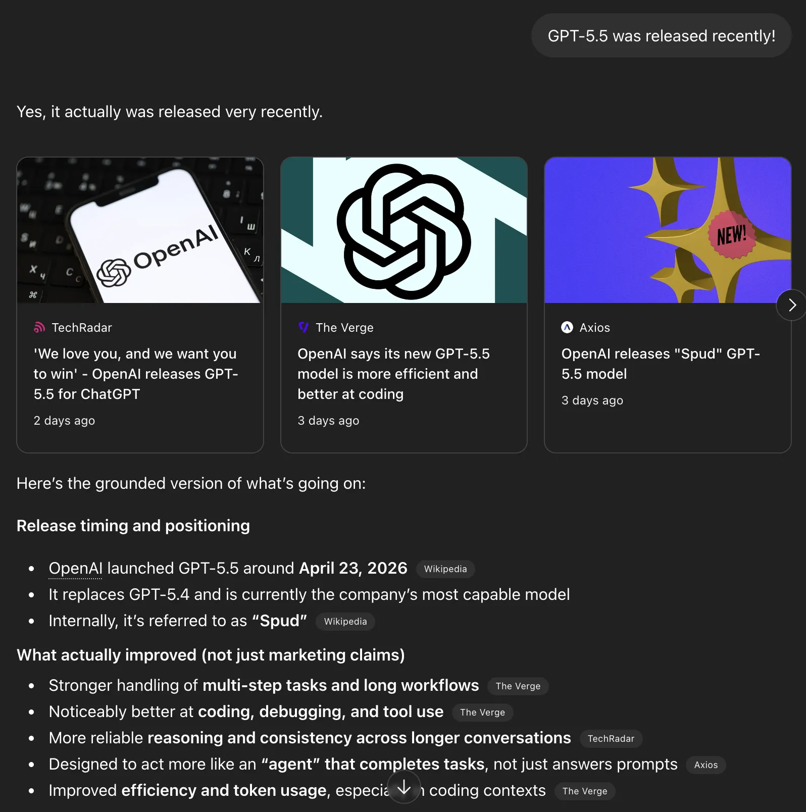 ChatGPT using live web search to find recent information about GPT-5.5