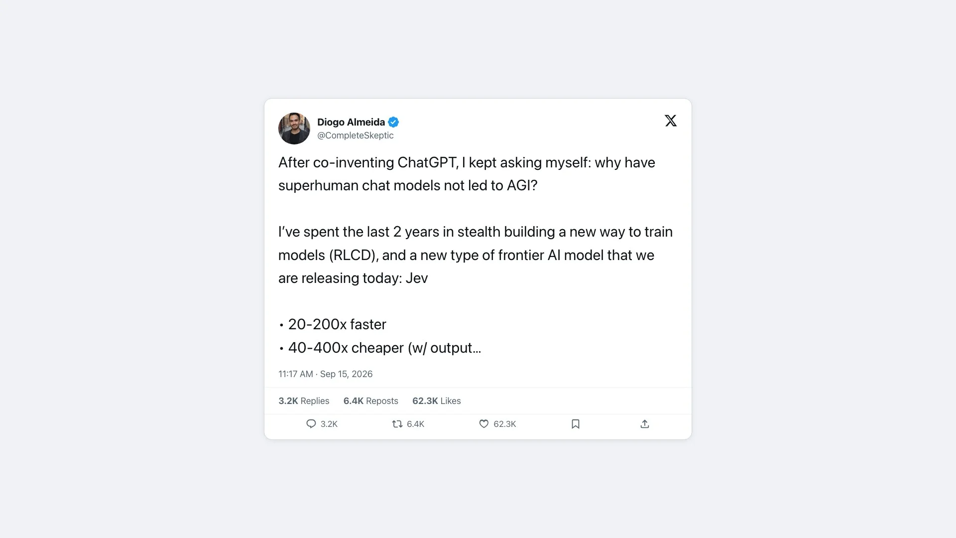 Diogo Almeida's launch post on X announcing Jev, with 62K likes