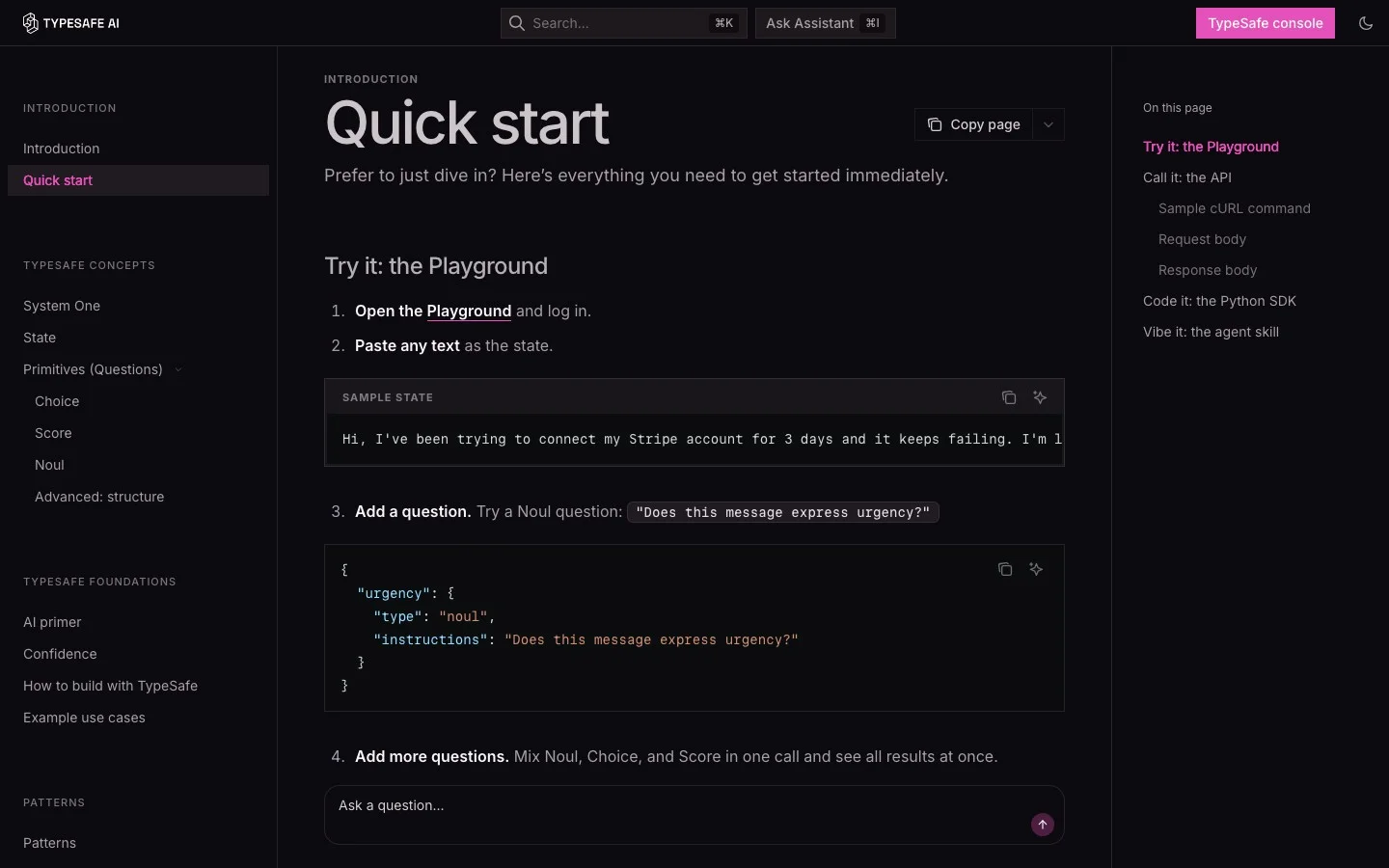 TypeSafe quickstart docs showing a support ticket as the state and a Noul question asking whether the message expresses urgency