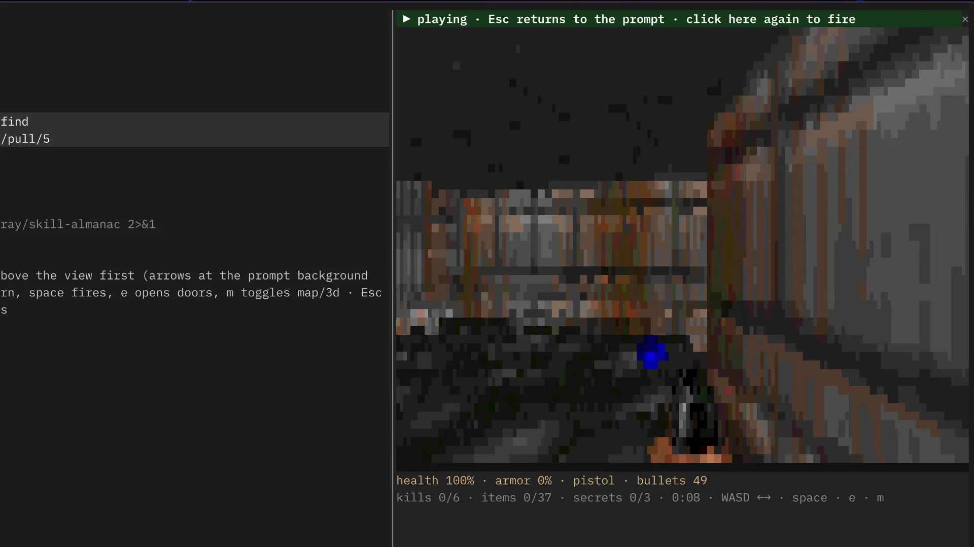 DOOM running in a pane above the Claude Code prompt, with health, armor, ammo, kills, items, and secrets shown as a line of text under the game view