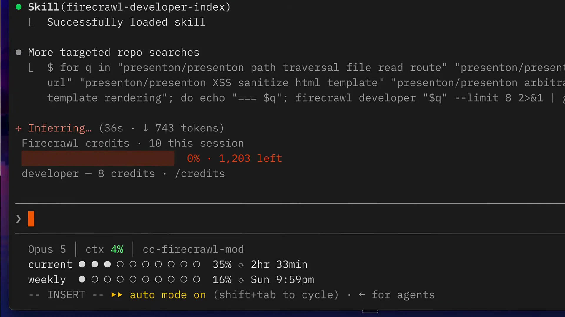 Claude Code running the firecrawl-developer-index skill, with a mod drawing "Firecrawl credits · 10 this session", a usage bar reading "0% · 1,203 left", and "developer - 8 credits" under the spinner