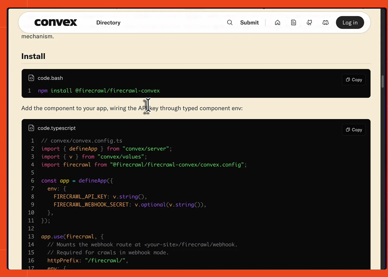 The Convex components directory page for firecrawl, showing the npm install command and the convex.config.ts snippet