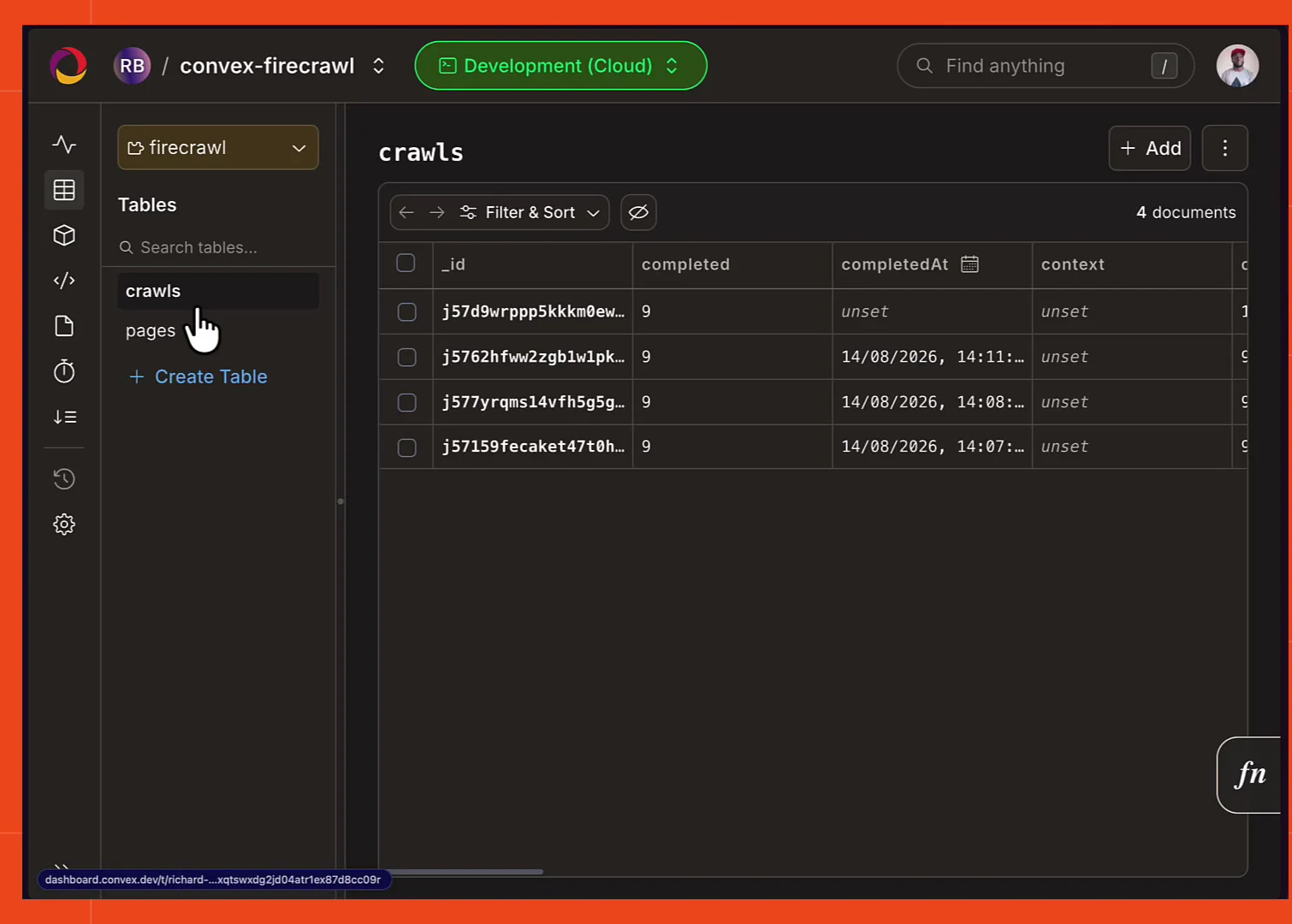 The Convex dashboard with the component dropdown set to firecrawl, showing the crawls table with four documents and a pages table in the sidebar