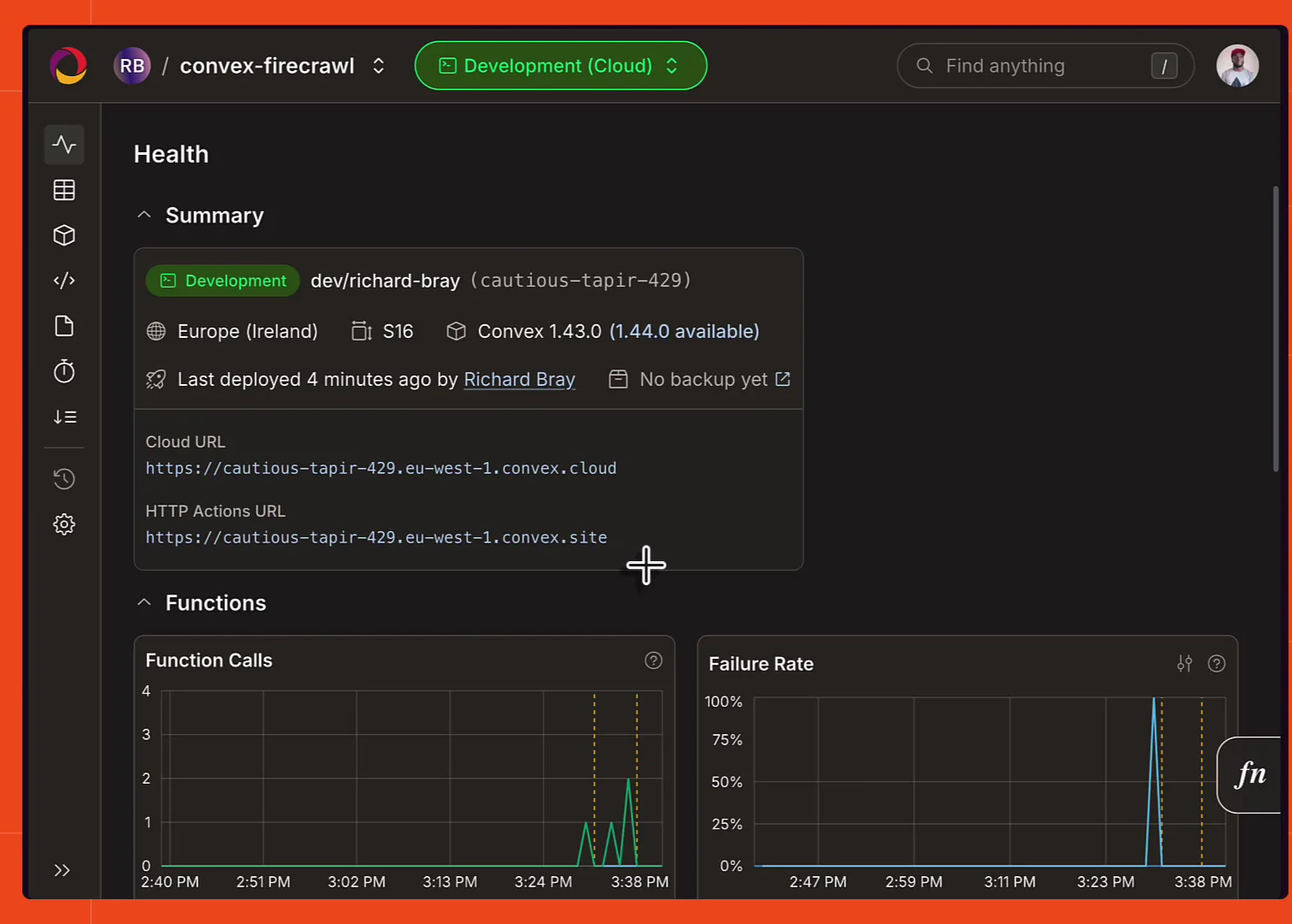The Convex dashboard health page for the deployment, showing the Cloud URL and HTTP Actions URL alongside function call and failure rate charts