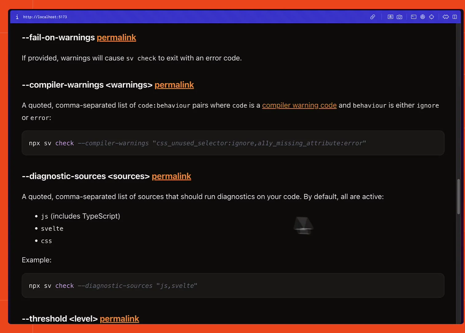 Detail view of a crawled Svelte CLI docs page, showing rendered markdown with headings, prose, and highlighted code blocks
