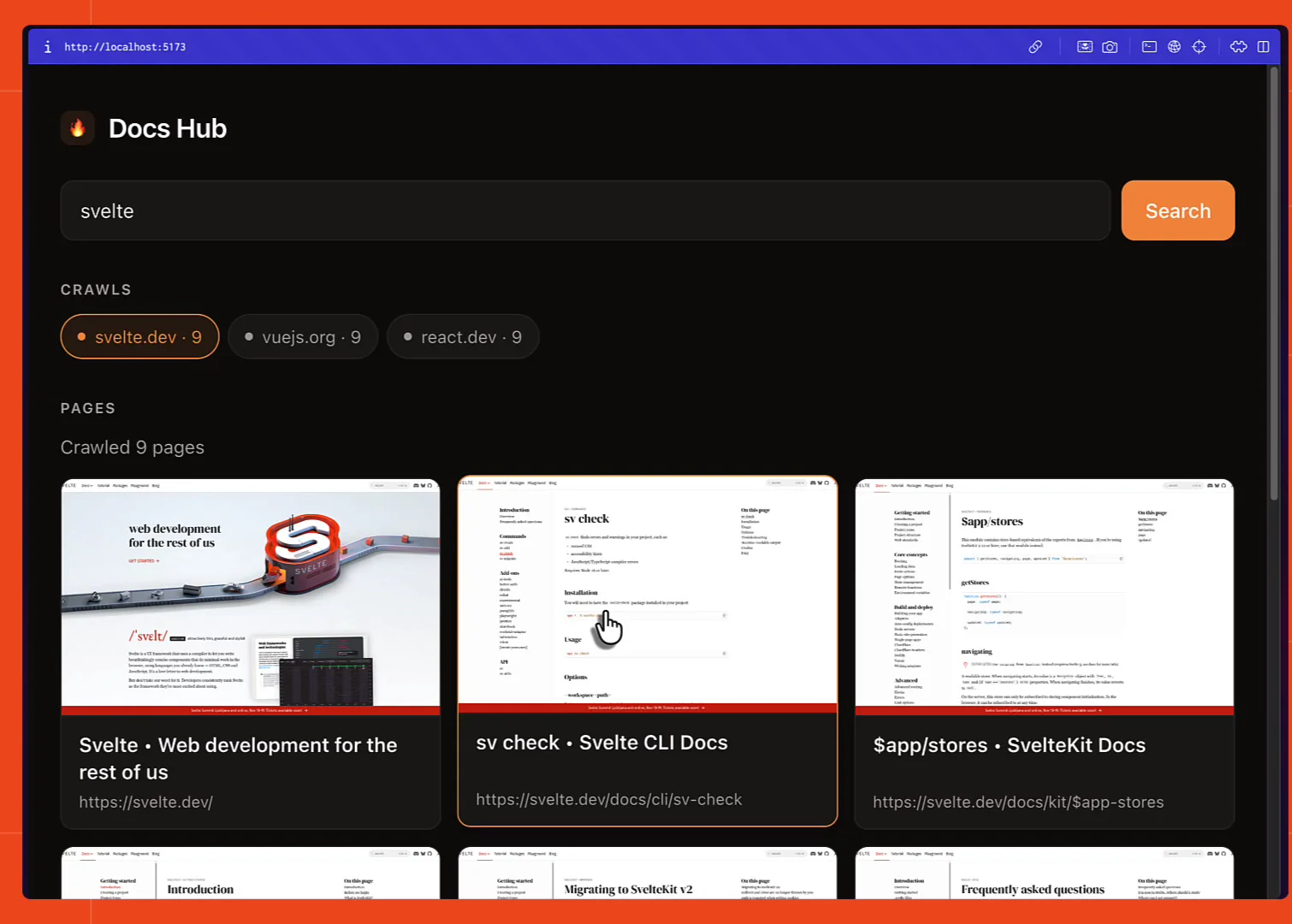 A grid of crawled page cards with screenshot thumbnails, labelled "Crawled 9 pages", with crawl tabs for svelte.dev, vuejs.org, and react.dev