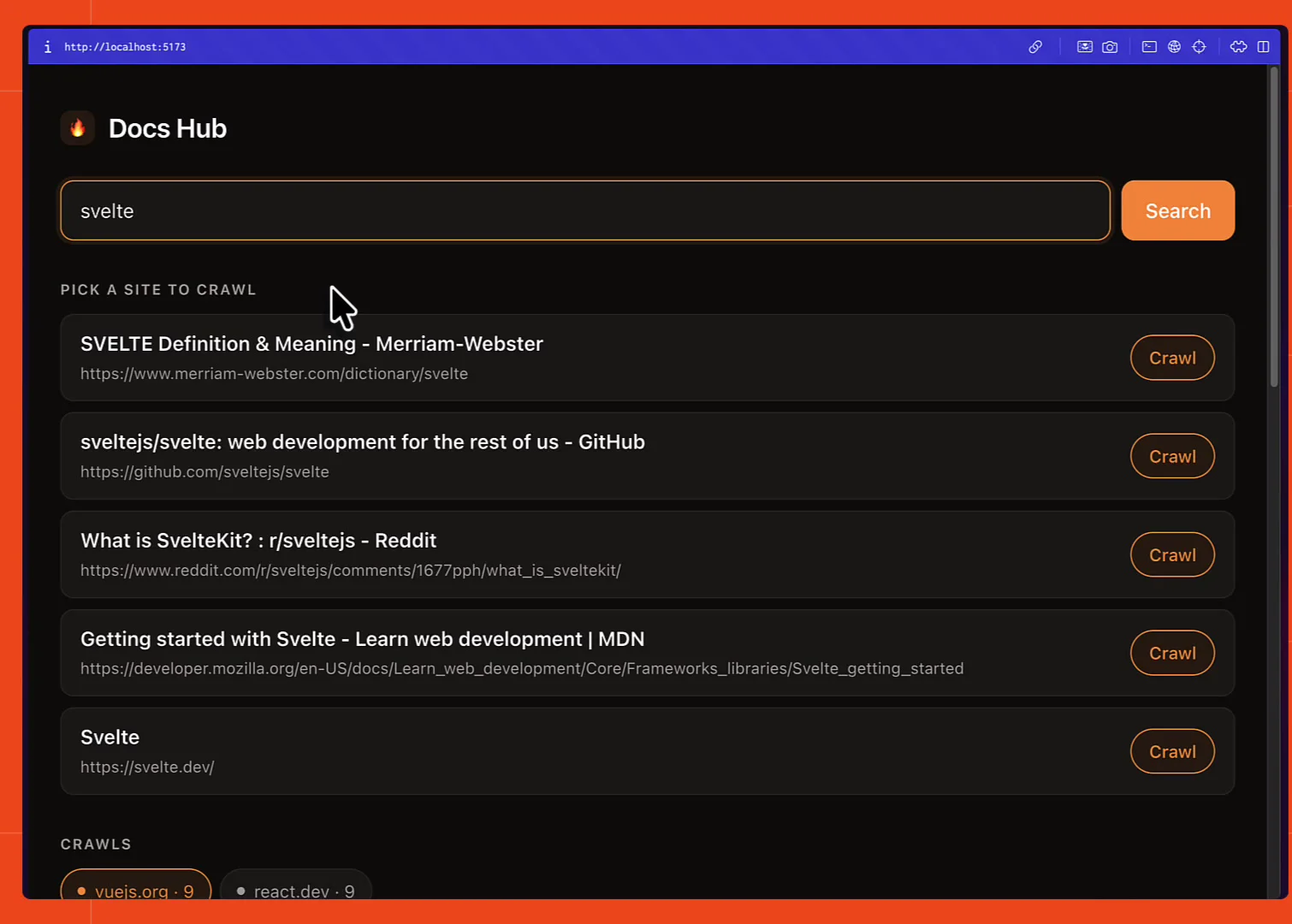 Docs Hub app showing five search results for "svelte" under a "Pick a site to crawl" heading, each with a Crawl button