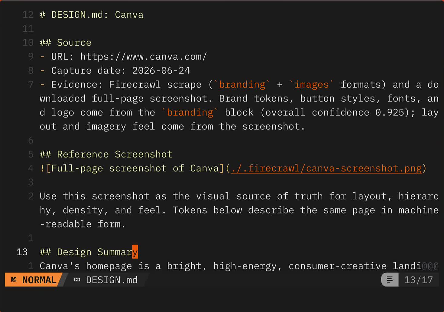 The website design clone workflow's DESIGN.md for Canva, with a reference screenshot and extracted tokens
