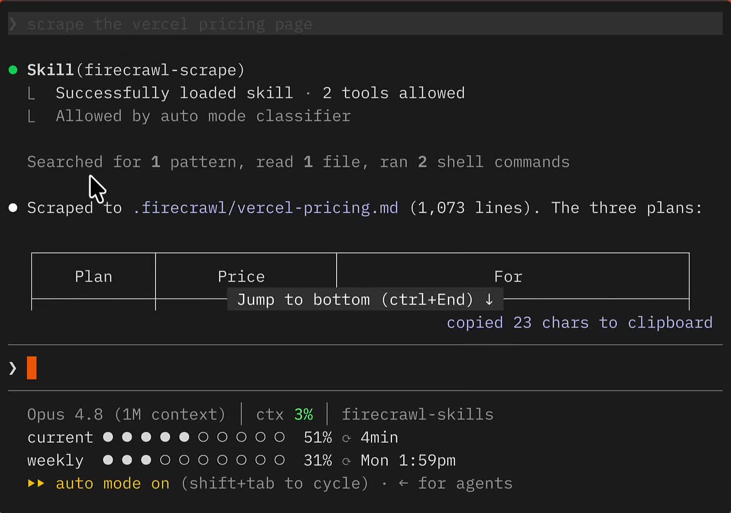 Claude Code loading the firecrawl-scrape skill and returning Vercel's pricing plans in a table