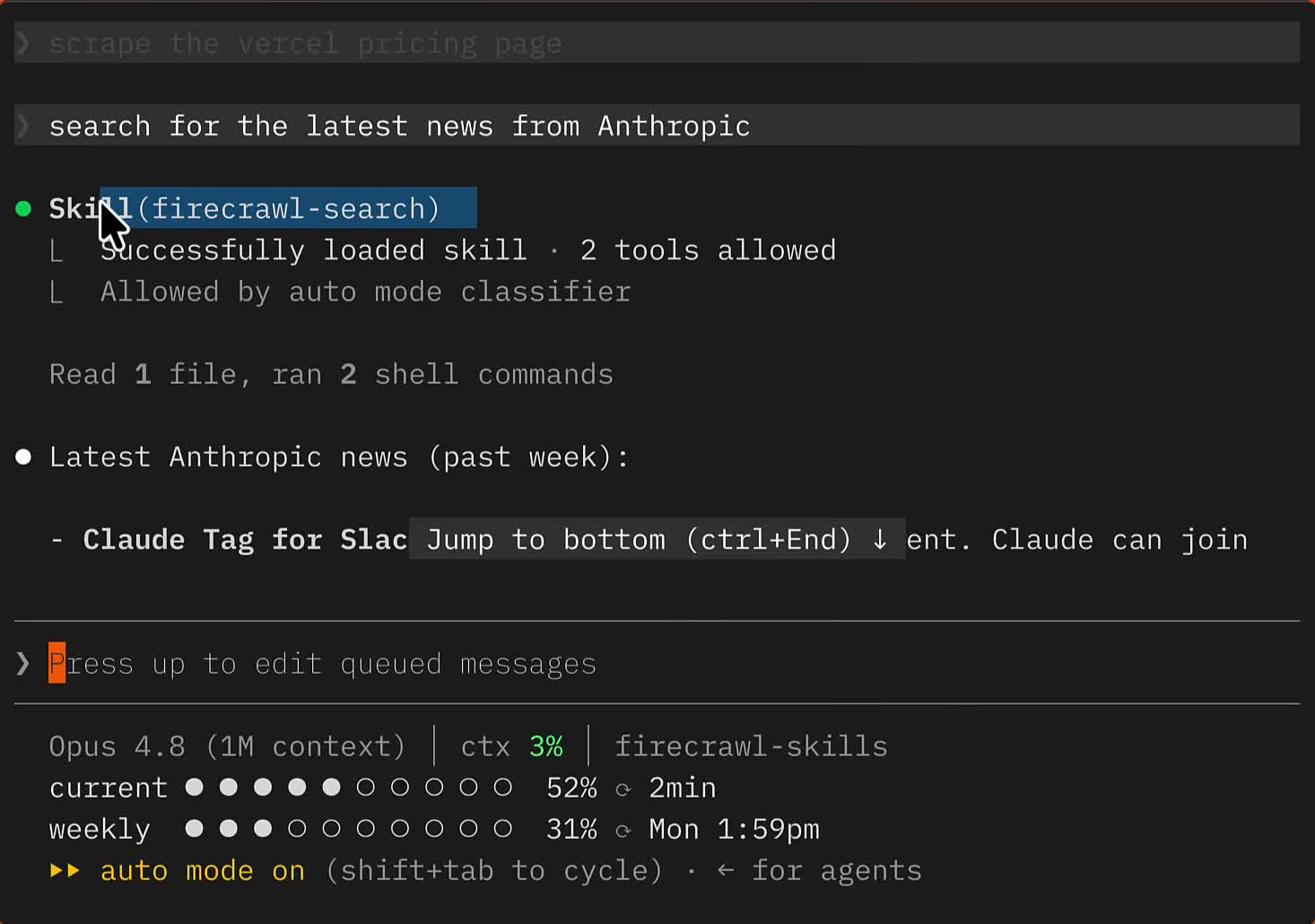 Claude Code loading the firecrawl-search skill and returning recent Anthropic news