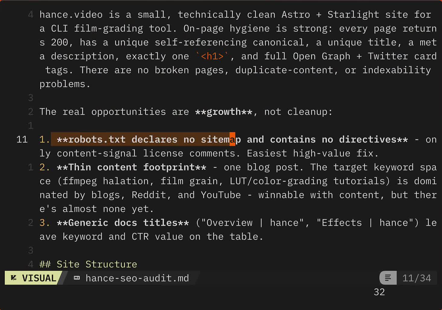 The SEO audit workflow's markdown report flagging a missing sitemap and thin content